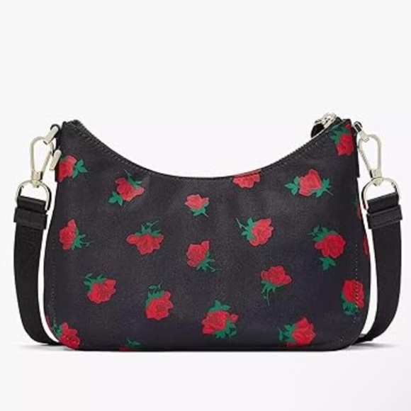 Kate Spade NewYork Chelsea Black Nylon Crossbody Bag & Pouch Red Roses KE437 - Picture 5 of 9